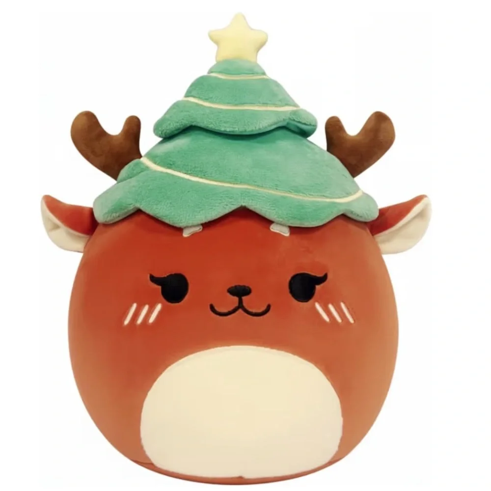 Merry Christmas ‘Reindeer Plushie with Tree Hat’ Holiday Pillow